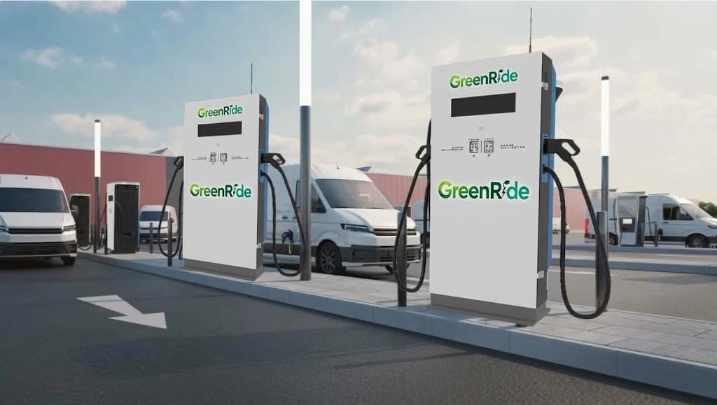 Electric commercial vans at a charging station
